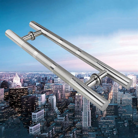 Boss Brushed Stainless Steel Round Tube Door Handle Set For Glass, Wood, And Barn Doors against city skyline