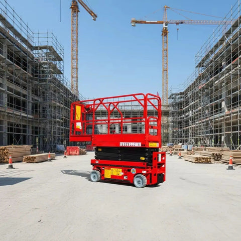 Hard Hat Approved Self Propelled Scissor Lift Platform Featuring Sturdy Hydraulic Engineering in a construction site.