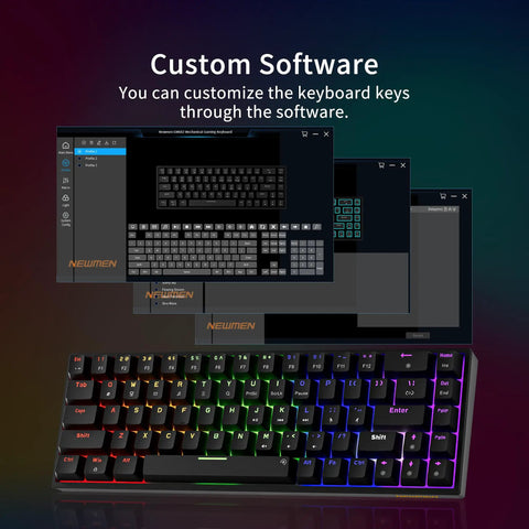 Custom software interface displayed on a screen with a Compact 60 Percent Wired Mechanical Gaming Keyboard With 68 Keys And Separate Arrow Layout.