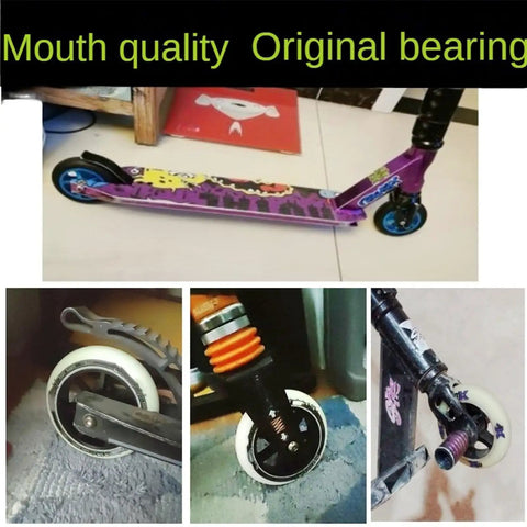 Collage showing close-up shots of scooter wheels and bearings, emphasizing scooter's quality and design.