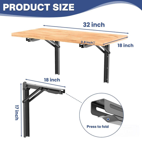 Space Saving Wall Mounted Folding Workbench For Garage And Workshop, Heavy Duty Fold Down Table Desk That Holds Up To 550 Lbs, Includes Complete Mounting Kit, Solid Top 32 By 18 Inches, Ideal Multipurpose Workspace dimensions.