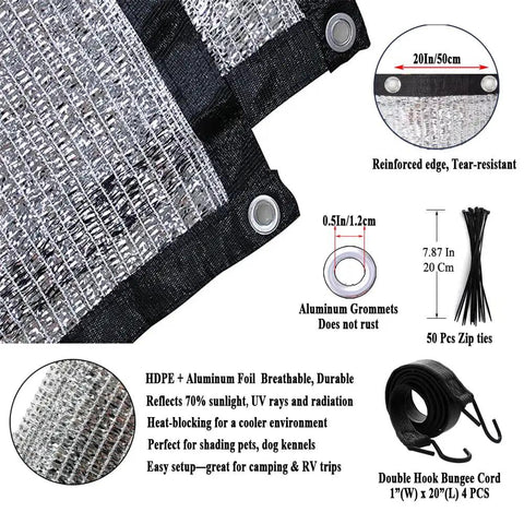 Reflective Aluminet Shade Cloth 70 Percent UV Block Heat Shield For Greenhouses Cars Pets RVs Outdoor Camping with grommets and bungee