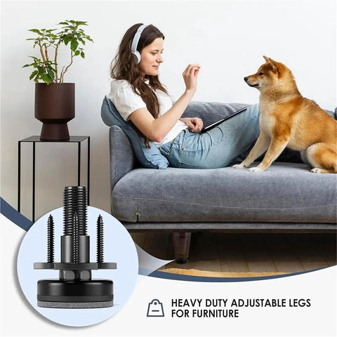 Eight Pack Adjustable Furniture Feet With Three Eighths Inch Sixteen Thread T Nut Kit Levelers in a living room setting.