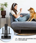 Woman and dog on sofa with 8 Pack Adjustable Furniture Feet Levelers Kit With 3 8 Inch Thread And 16 T Nut displayed.
