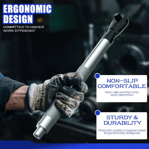 One Half Inch Offset Extension Wrench For Impact Drills With Three Eighths Inch And One Quarter Inch Adapters in hand