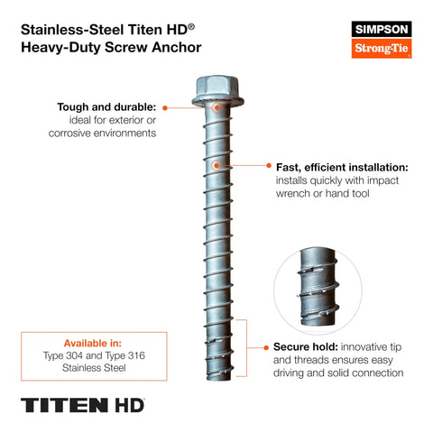 Workhorse Stainless Steel Screw Anchor 5/8 In By 4 In For Structural And Seismic Installations Type 304 Corrosion-Resistant