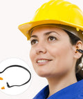 24 Piece Banded Ear Plugs With Silicone Replacement Pods Reusable Hearing Bands for Work, shown worn by woman wearing a hard hat.