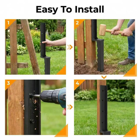 Easy installation steps for Heavy Duty Fence Post Repair Kit Featuring Rock Solid Steel Anchors And Beefy L Shaped Stakes.