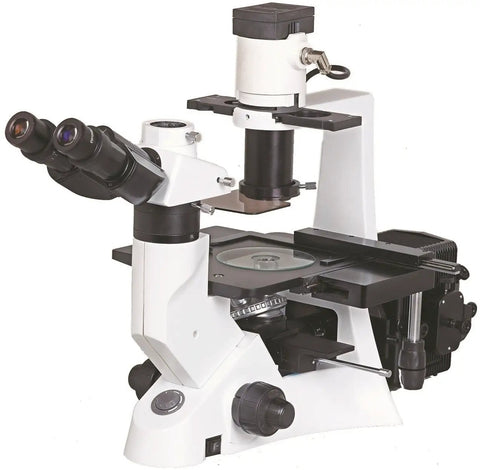 Digital LCD Inverted Epifluorescence Microscope With 9 Inch HD Display, Built-In 5MP Camera, GFP And RFP Fluorescence, Optional UV Excitation, HBO Mercury Illumination, And 4x, 10x Ph, 20x Ph, 40x Ph Objectives Plus Dozens Of Lenses, white body