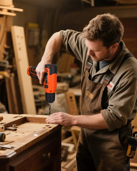 Man using drill from 139 Piece Tool Set With 8V Cordless Drill Driver In Sturdy Toolbox Case Must Have Home Repair Kit For DIY Projects