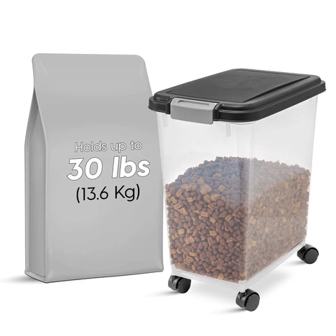 Air Tight Pet Food Storage Bin With Wheels Makes Kibble Management A No Brainer Holds 22 To 26 Lbs Of Dry Kibble 33 Quart Container For Dog Cat Bird Food BPA Free Easy Roll Mobility Keeps Fresh Black showing 30 lbs kibble capacity
