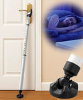 Three In One Door Security Bar with Heavy Duty Metal, Adjustable from Sixteen to Forty One Point Seven Inches, Sliding Patio Door Lock Stick with Two Point Eight Inch Non Slip Base shown securing a door