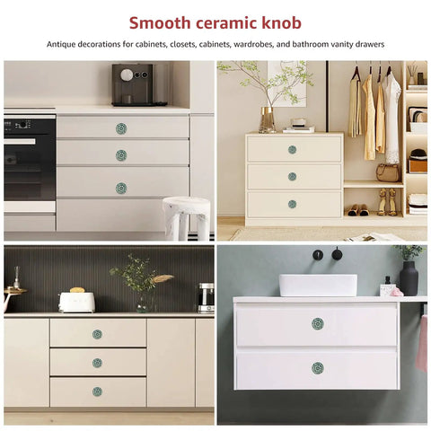 Slick Green Ceramic Cabinet Knobs on modern drawers, 34 Millimeter Diameter, ideal for kitchen cabinets and dressers.