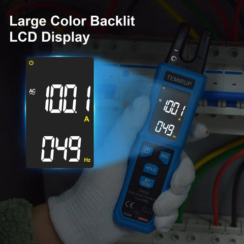 Digital Clamp Meter With U Shaped Jaw for AC DC current voltage, large backlit LCD, in use by technician in electrical panel.