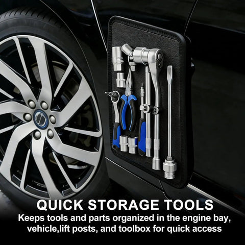 13 Inch By 10 Inch Magnetic Tool Mat Non Slip Pad With PVC Protection Layer For Garage Workshop And Auto Repair Keeps Tools And Small Parts Locked In Tight attached to car side with tools
