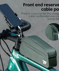 Bolt-On Top Tube Bike Bag With Magnetic Flap For Quick Access During Rides, green front frame storage pouch shown on bike.