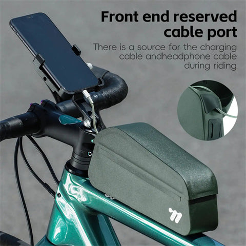Bolt-On Top Tube Bike Bag With Magnetic Flap For Quick Access During Rides, green front frame storage pouch shown on bike.