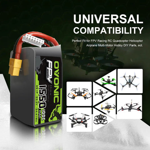 6S 22.2V 1550mAh LiPo Battery With XT60 Connector for RC FPV Racing Drones and Quadcopters 100C Discharge Soft Case