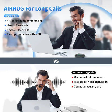 Two images comparing a man using a speakerphone and headset, highlighting features of Conference Bluetooth Speakerphone With 360 Degree Voice Pickup And Noise Reduction, USB C Plug And Play, Seamless Zoom And Teams Compatibility, Crystal Clear Voice For Meetings And Virtual Calls.