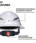 Type 2 Non Vented Full Brim Hard Hat With Chin Strap Class E Protection Up To 20kV Six Point Suspension Washable Padding Front And Rear Accessory Mounts For Your Tools And Gear featuring integrated accessory mounts and ratcheting knob for adjustments.