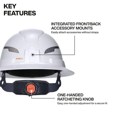 Type 2 Non Vented Full Brim Hard Hat With Chin Strap Class E Protection Up To 20kV Six Point Suspension Washable Padding Front And Rear Accessory Mounts For Your Tools And Gear featuring integrated accessory mounts and ratcheting knob for adjustments.