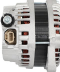 Side view of Drop In High Performance Alternator Replacement For 2009 To 2013 Mazda 6 And 2007 To 2015 Mazda CX 9 Bolt On 12 Volt OE Style A003TJ2391 Direct Fit For Easy Install Long Life Performance Upgrade showing connections and metal casing.