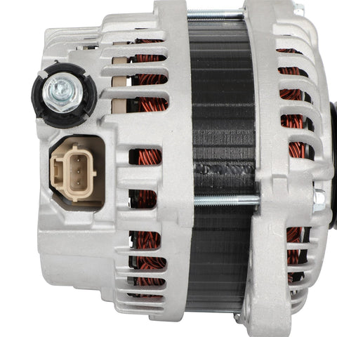 Side view of Drop In High Performance Alternator Replacement For 2009 To 2013 Mazda 6 And 2007 To 2015 Mazda CX 9 Bolt On 12 Volt OE Style A003TJ2391 Direct Fit For Easy Install Long Life Performance Upgrade showing connections and metal casing.