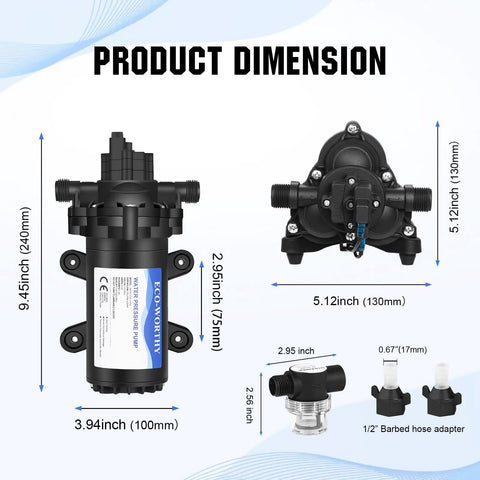 33-Series 110V AC Water Diaphragm Pump With 4.0 GPM At 50 PSI, dimensions and hose adapters shown