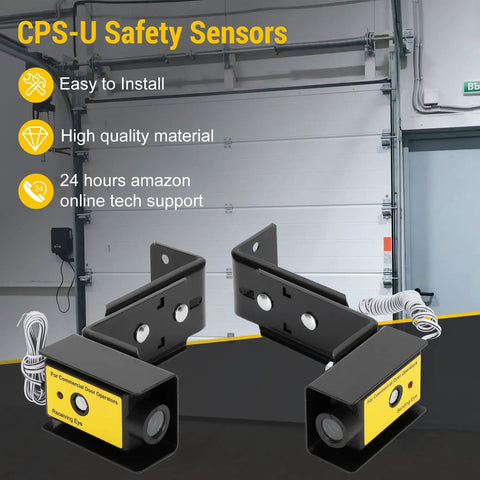 Beefed Up Safety Sensor Photo Eye For LiftMaster Commercial Doors in warehouse with installation guide and mounting hardware