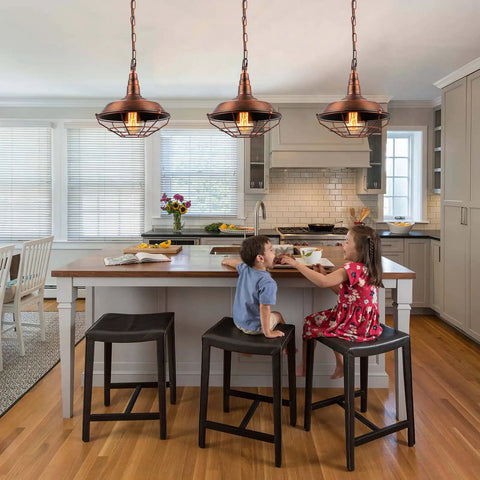 Industrial Pendant Lights 2 Pack For Kitchen Island Farmhouse Style Hanging Fixtures With Adjustable Chains installed in kitchen