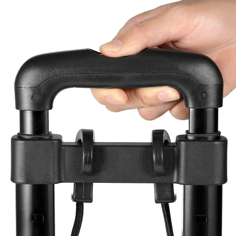 Hand gripping handle of heavy duty folding hand truck with four wheels in black