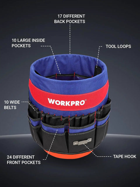 Bucket Tool Organizer With 51 Pockets Fits Three Point Five To Five Gallon Buckets Waterproof Tear Proof 600D Polyester Lightweight Tool Carry Bag showing pocket arrangement and features.