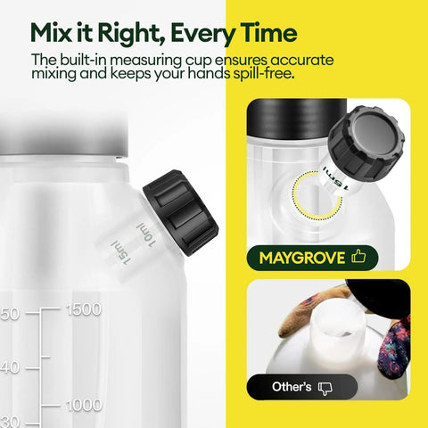 Close-up of the Clear 0.4 Gallon Hand Pump Sprayer's side port with measuring cup, showing easy refill design and leak resistant seal.