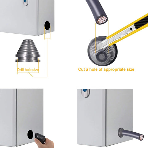 Rubber Grommets Wire Protection 28 Pcs Set Featuring Tower Type And Flat Type Firewall Hole Plugs in use with a panel enclosure