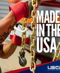 Heavy Duty Grade 70 Transport Chain 550 Foot Bulk Drum with gold steel links used for securing cargo on flatbed trailers.