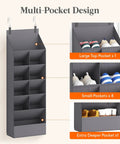 Six Tier Over The Door Shoe Organizer With Deep Fabric Pockets Keeps Your Kicks Neat Holds Up To 12 Pairs Of Sneakers And Boots For Bedroom Closet Or Dorm Room Organization In Gray displaying pockets for shoes.