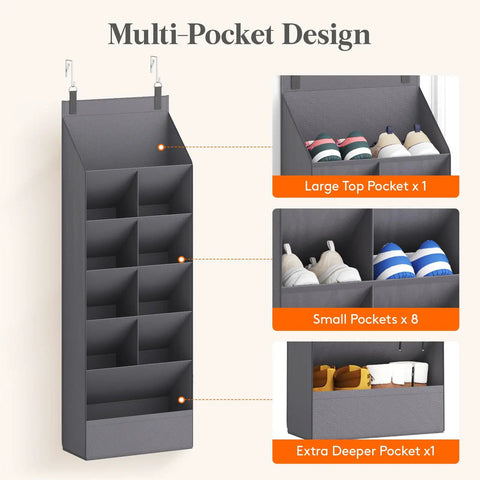Six Tier Over The Door Shoe Organizer With Deep Fabric Pockets Keeps Your Kicks Neat Holds Up To 12 Pairs Of Sneakers And Boots For Bedroom Closet Or Dorm Room Organization In Gray displaying pockets for shoes.