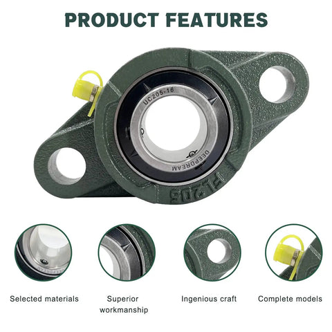 Heavy Duty Pillow Block Bearing Set Pack Of 4 With 1 Inch Bore Chrome Steel Self Aligning Flange Mounted Block Bearings For Industrial Machinery And Shaft Support, showing close-up of product features and design details.