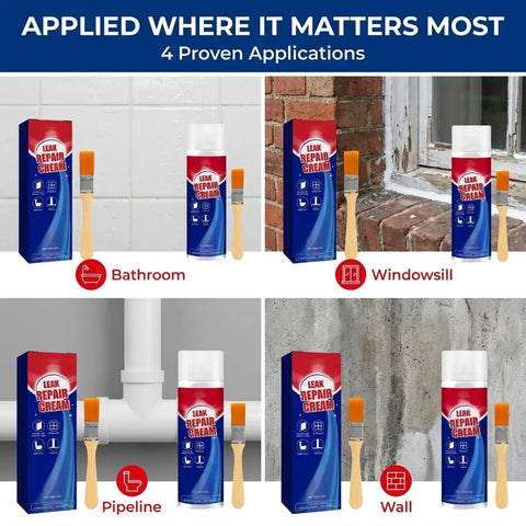 All Purpose Waterproof Leak Repair Sealant And Spray Caulk For Roofs Walls Wood And Concrete Quick Dry Clear Adhesive Caulk For Indoor And Outdoor Use 100ml shown for bathroom, windowsill, pipeline, and wall applications with brush included.
