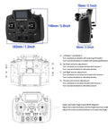 Beast Dual Band ExpressLRS RC Transmitter dimensions and controls, CNC aluminum design, foldable antennas illustration for drones