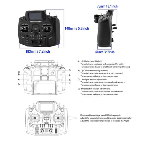 Beast Dual Band ExpressLRS RC Transmitter dimensions and controls, CNC aluminum design, foldable antennas illustration for drones