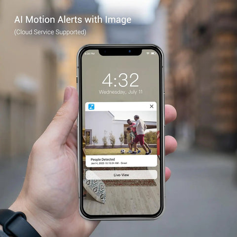 Hand holding smartphone displaying AI motion alerts from Outdoor Wireless Security Camera System 2 Pack 1080p Full HD Home Surveillance.