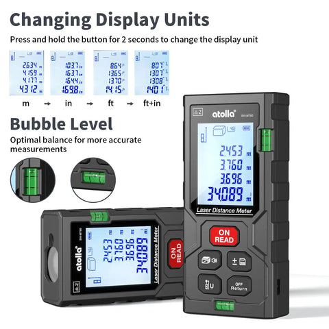 Laser Distance Meter Workhorse with 196 Feet Range and 60 Meters Reach, display unit change, bubble level detail