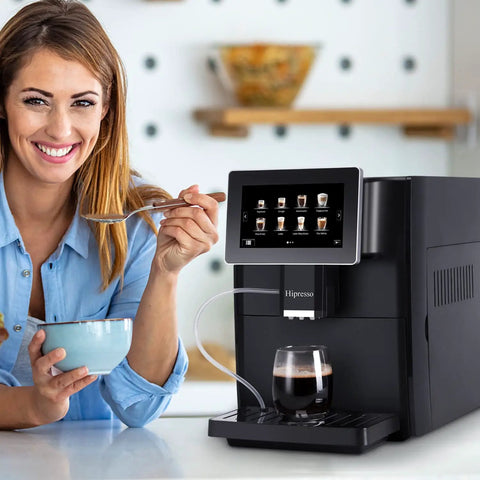 Super Fully Automatic Bean To Cup Espresso Coffee Machine With 7 Inch HD Touchscreen and 11 Custom Recipes in kitchen.