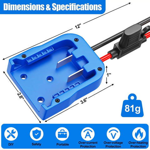 24V Max Battery Adapter With Fuse Protected 14 Gauge Wiring For Power Wheels, blue color, dimensions and fuse shown