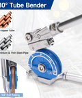 1/2 Inch Od 180 Degree Roller Tubing Bender For Copper Pipe With Smooth Ball Bearing Rollers Cross Free Bending Tool For Tight Space Plumbing Projects Precision Laser Cut Groove No Flat Spots showing tubing options and measurement.