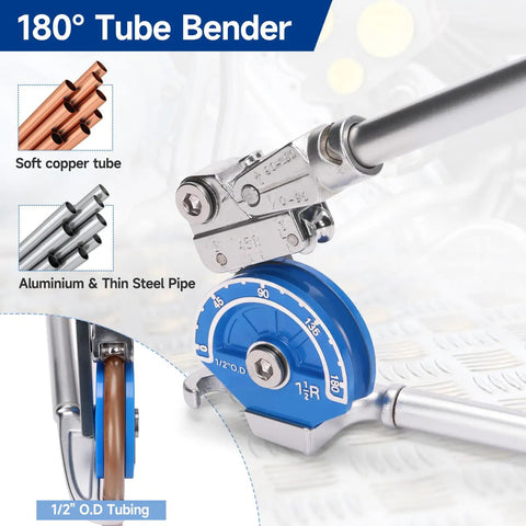 1/2 Inch Od 180 Degree Roller Tubing Bender For Copper Pipe With Smooth Ball Bearing Rollers Cross Free Bending Tool For Tight Space Plumbing Projects Precision Laser Cut Groove No Flat Spots showing tubing options and measurement.