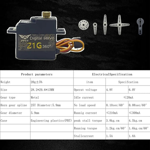 Beefy 21G Micro Servo With 25T Arm Digital Full Metal Gear 360 Degree Rotation with specifications and accessories displayed
