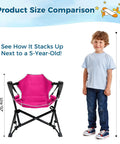 Kids Hammock Chair For Camping And Travel next to child, pink fabric, lightweight steel frame, 26.4in height comparison, adjustable folding chair.