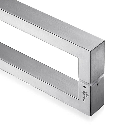 Close-up of 36 Inch Solid Stainless Steel Push Pull Door Handle, Heavy Duty Commercial Grade 304 Standoffs, Brushed Finish